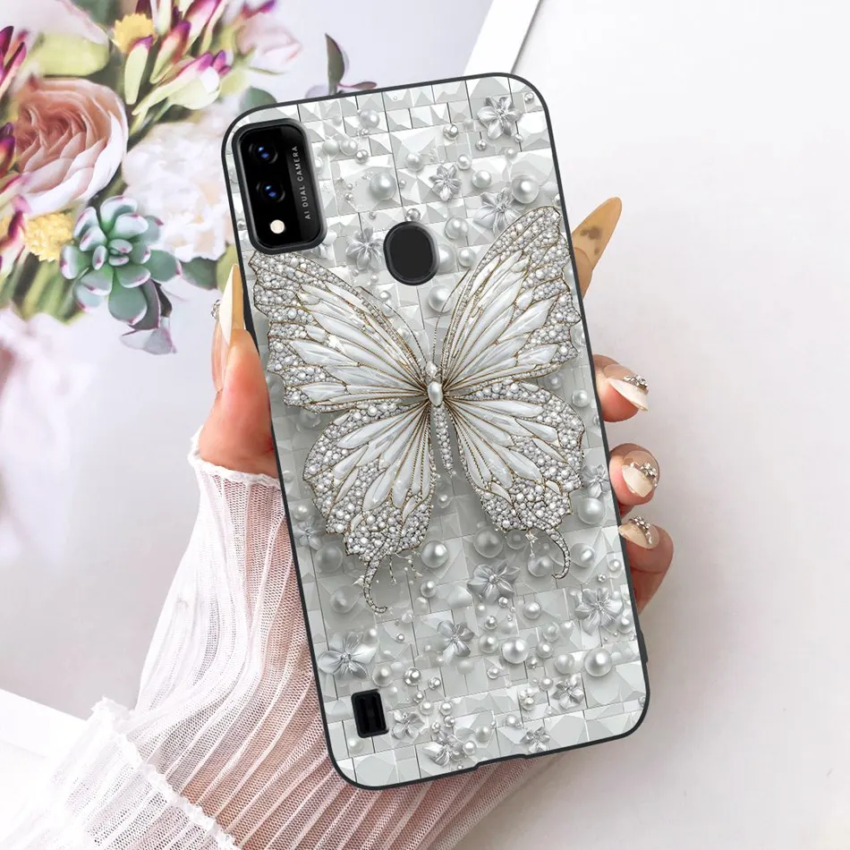 Charming Floral Butterfly Cat Black Silicone Phone Case
