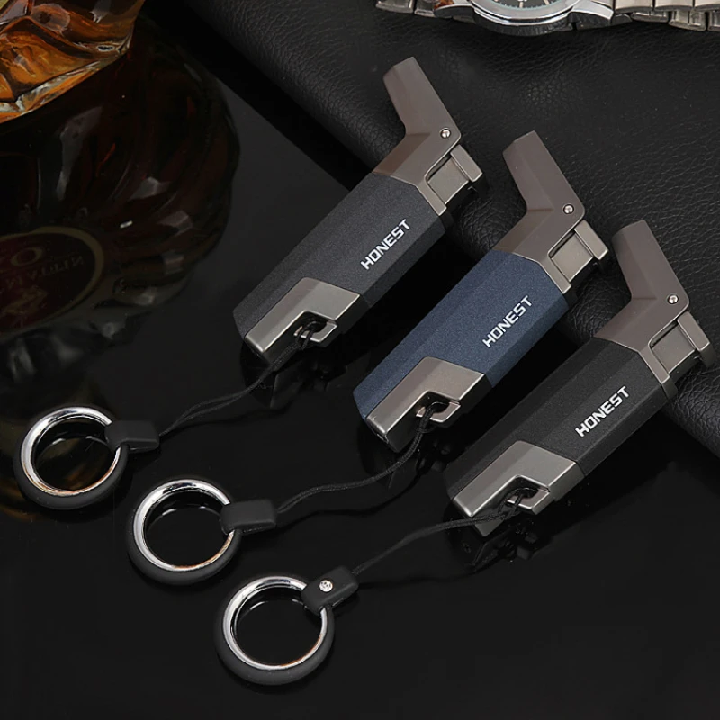 Honest Metal Windproof Cigar Lighter with Keychain Refillable Butane Gas Torch Lighters Smoking Accessories Cool Lighter for Men