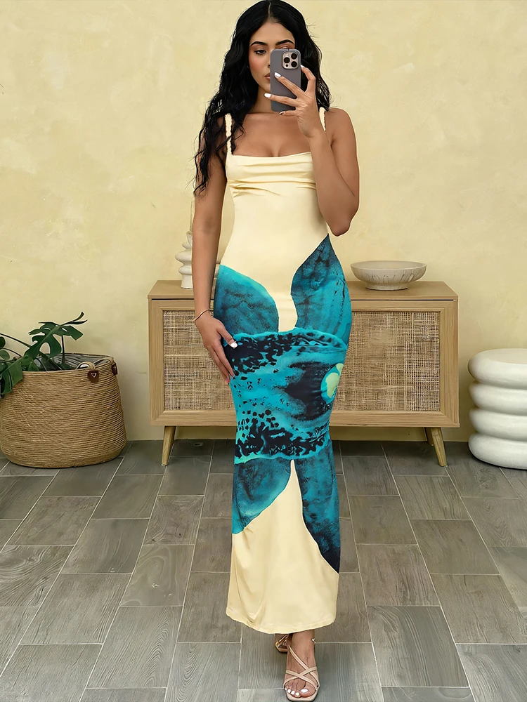 Nibber Sexy Floral Print Maxi Dress Women Twist Shoulder Straps Backless Summer Fit Stretch Fashion Elegant Streetwear Vestidos