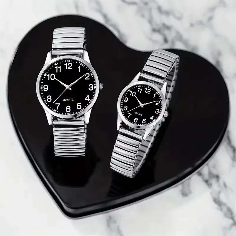 1/2PCS Fashion Couple Watches Simple Arabic Dial Men Quartz Watch Elastic Band Women Wristwatches 1