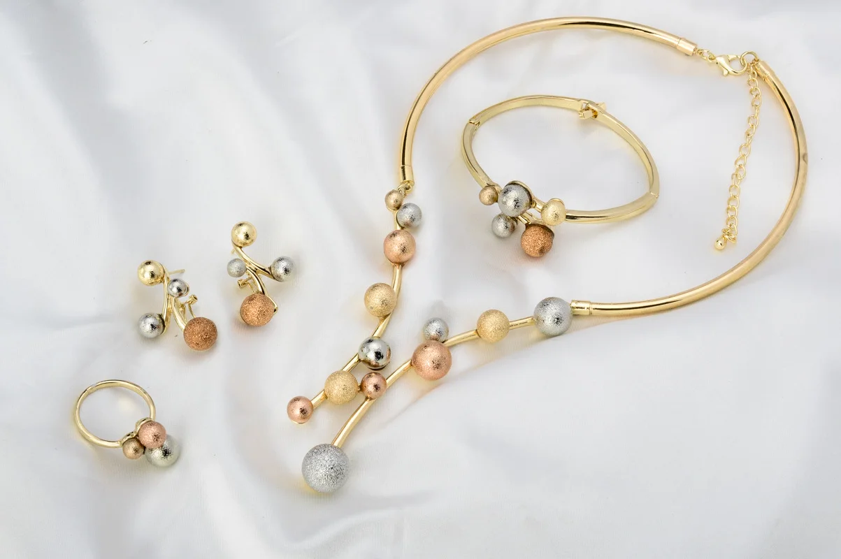 Sunny Jewelry Costume Set Lucky Ball Three Tone Earrings Necklace Bracelet Ring For Women Bridal Wedding Anniversary Gift Party