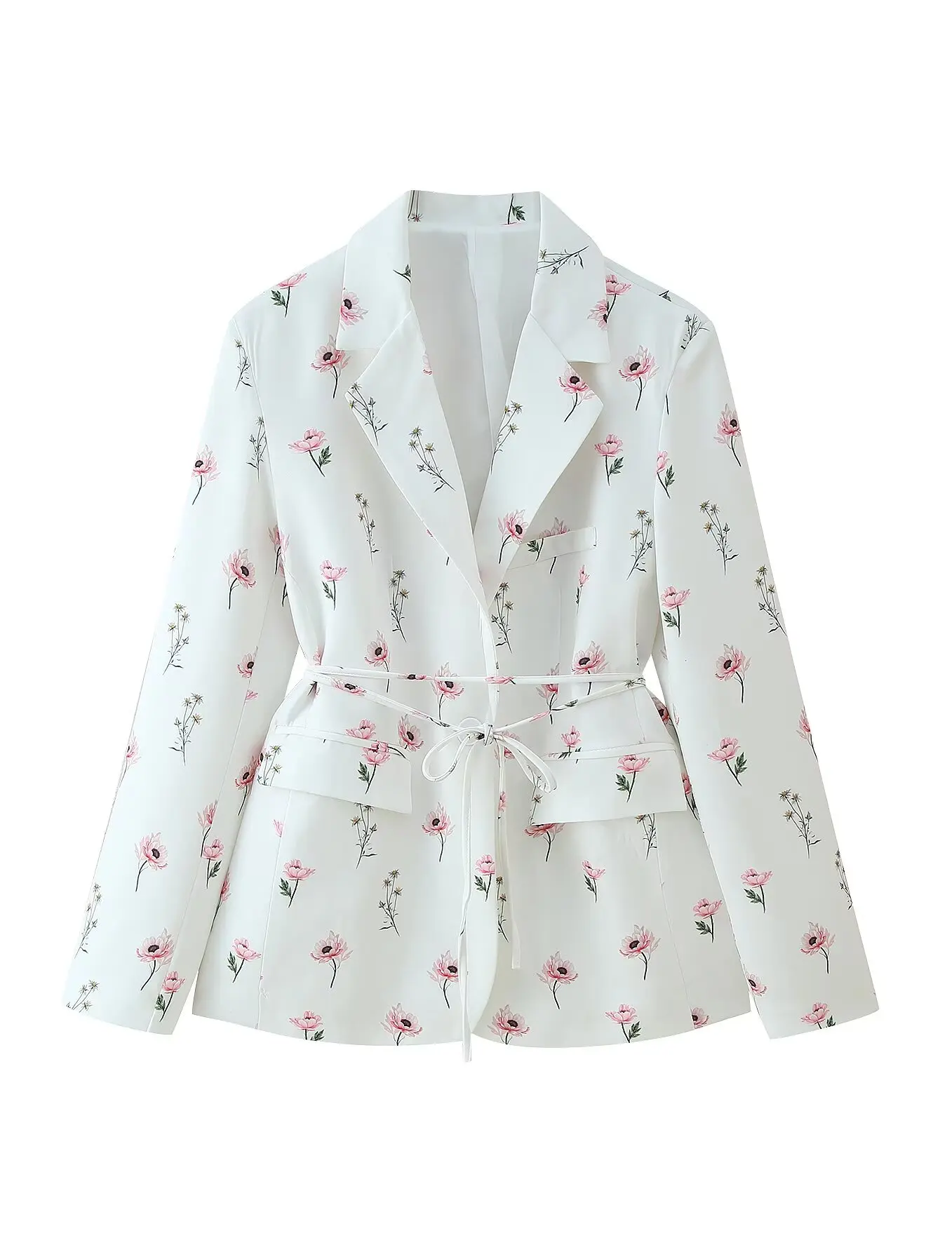 2025 Spring Autumn Lacing Up Bow Sashes Beige Floral Print Blazer Boyfriend Vintage Women Front Pockets Loose Suit Fashion Coat