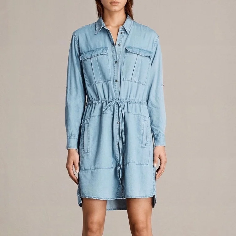 

British Sheep Head AS Women's Indigo Wash Denim Military Style Shirt Skirt