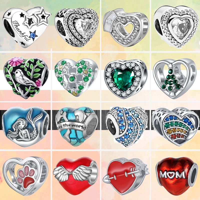 

45 Kinds Heart-Shaped Charm Mermaid Feather Paw Prints Pavé Fashion Beads Fit Pandora Silver Color Bracelet DIY Original Jewelry