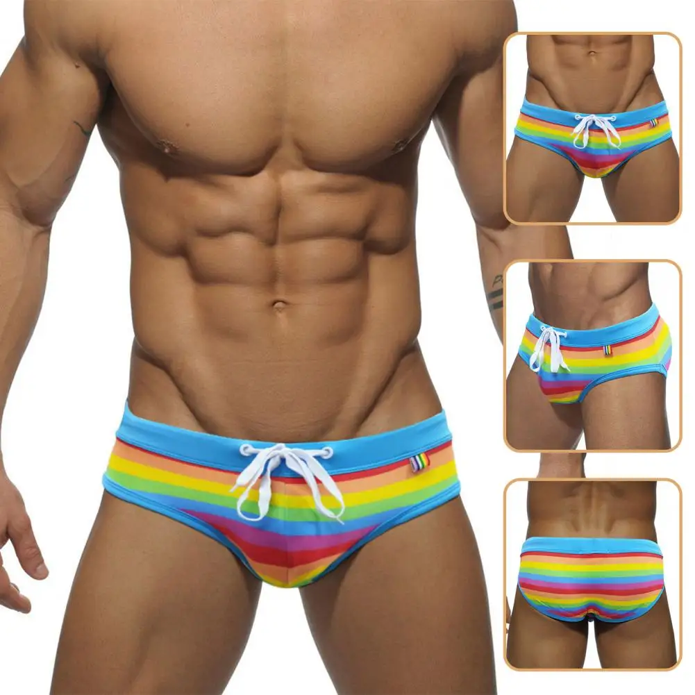 Swimming Trunks Shorts Men With U-convex Cup Men Rainbow Striped Print Drawstring Surf Briefs Beachwear Triangle Swimming Trunks