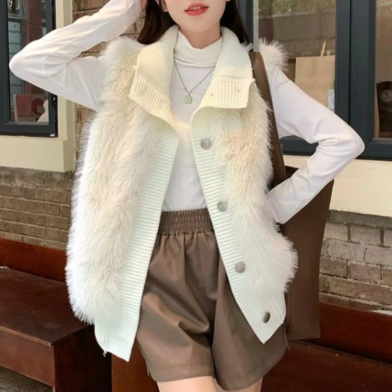 Women's Lapel Furry Vest Autumn Winter New Fashion Patchwork Solid Color Imitation Mink Velvet Cardigan Button Sleeveless Coats winter mink velvet five finger gloves soft plush warm cold proof gloves women outdoors cycling solid color wistiti mittens