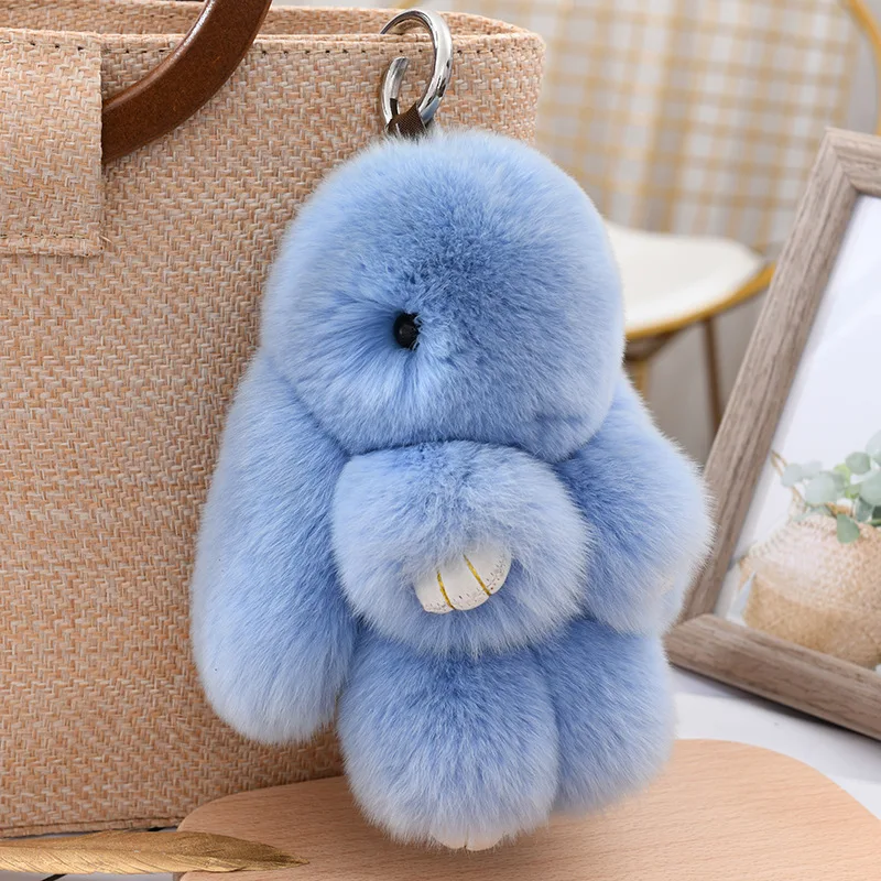 15cm Cute Fluffy Bunny Keychain Genuine Rex Rabbit Fur Key Chains For Women  Bag Toys Doll Fluffy Pom Pom Lovely Pom Pom Keyring