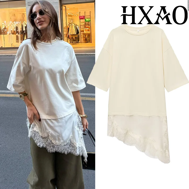 HXAO Braunes Spitzen-T-Shirt-Oberteil für Damen, Sommer, kurzärmelig, langes Damen-T-Shirt, asymmetrisch, locker, schwarz, cremefarben, Damen-T-Shirts – Detail 3