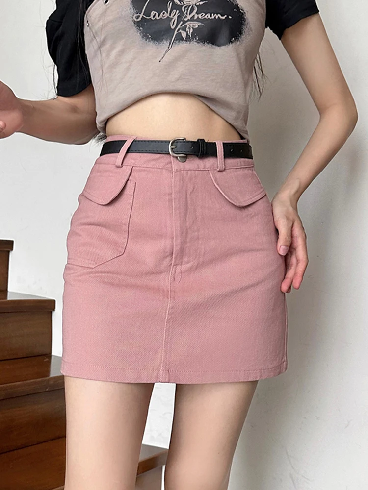 

Женские летние юбки, джинсовая юбка, новинка 2023, прямая трапециевидная юбка в винтажном гонконгском стиле колледжа, Антибликовая короткая юбка D4094