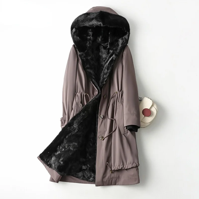 

Hooded Elegant 100% Real Coat Autumn Winter 2023 Mink Fur Liner Parkas Female Women's Clothing Casaco Feminino Gxy690