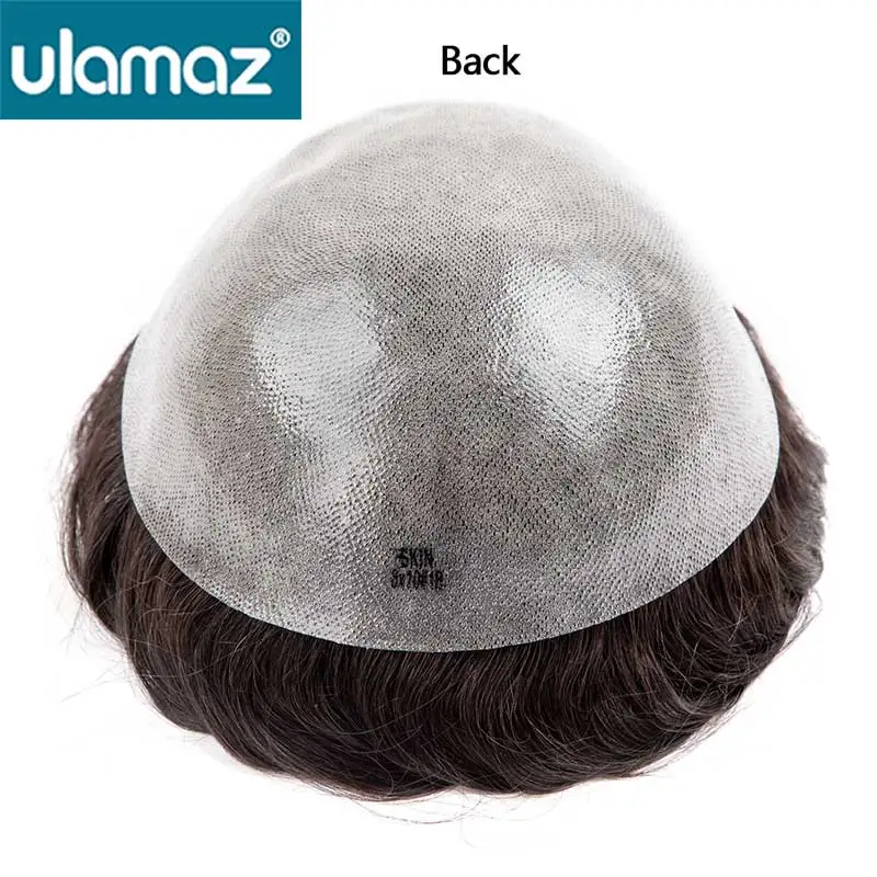 0.08-0.10mm Knotted Skin Hair Toupee Microskin Man Hair Prosthesis 100% Human Hair Male Wig Mens Hair Replacement System Unit 5