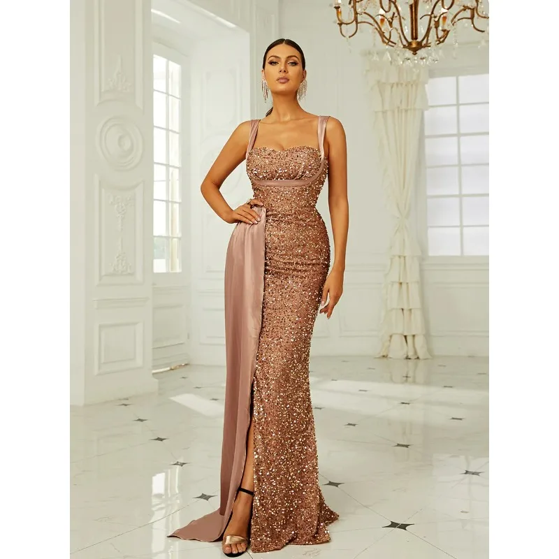 

2024 New Backless Sling Gold Sequined Host Fishtail Evening Dress Banquet Evening Dress