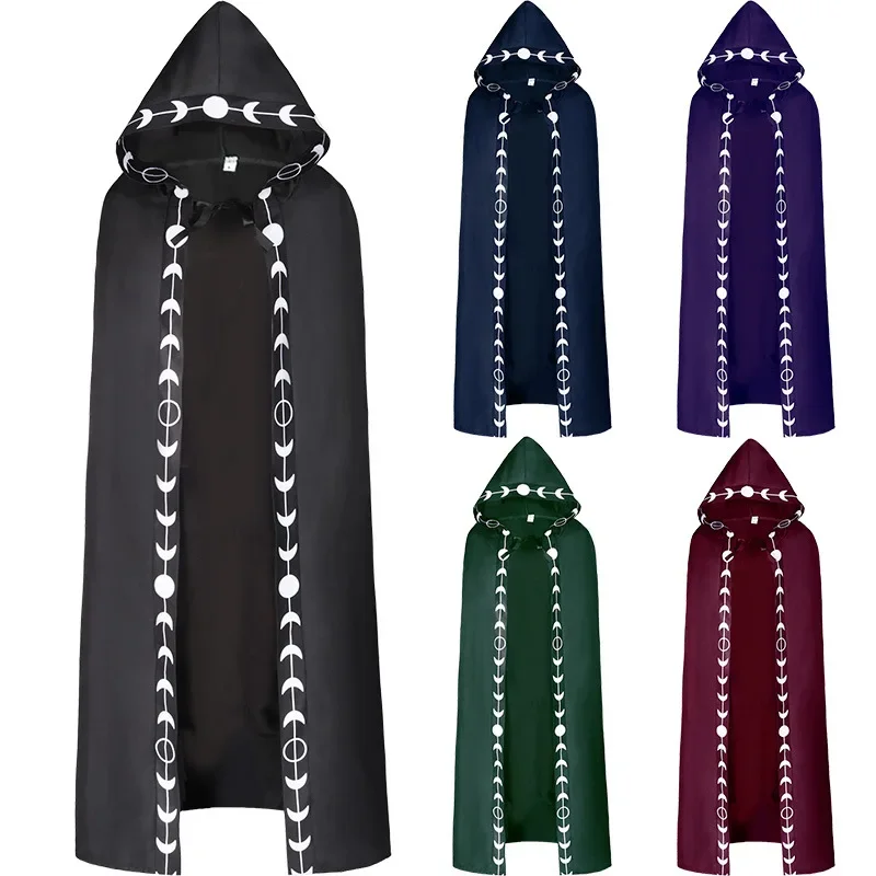 

Hooded Moon Print Unisex Cloak Medieval Extra Long Lace Up Halloween Cape Cosplay Costume Capes Womens Mens Moon Phases Print