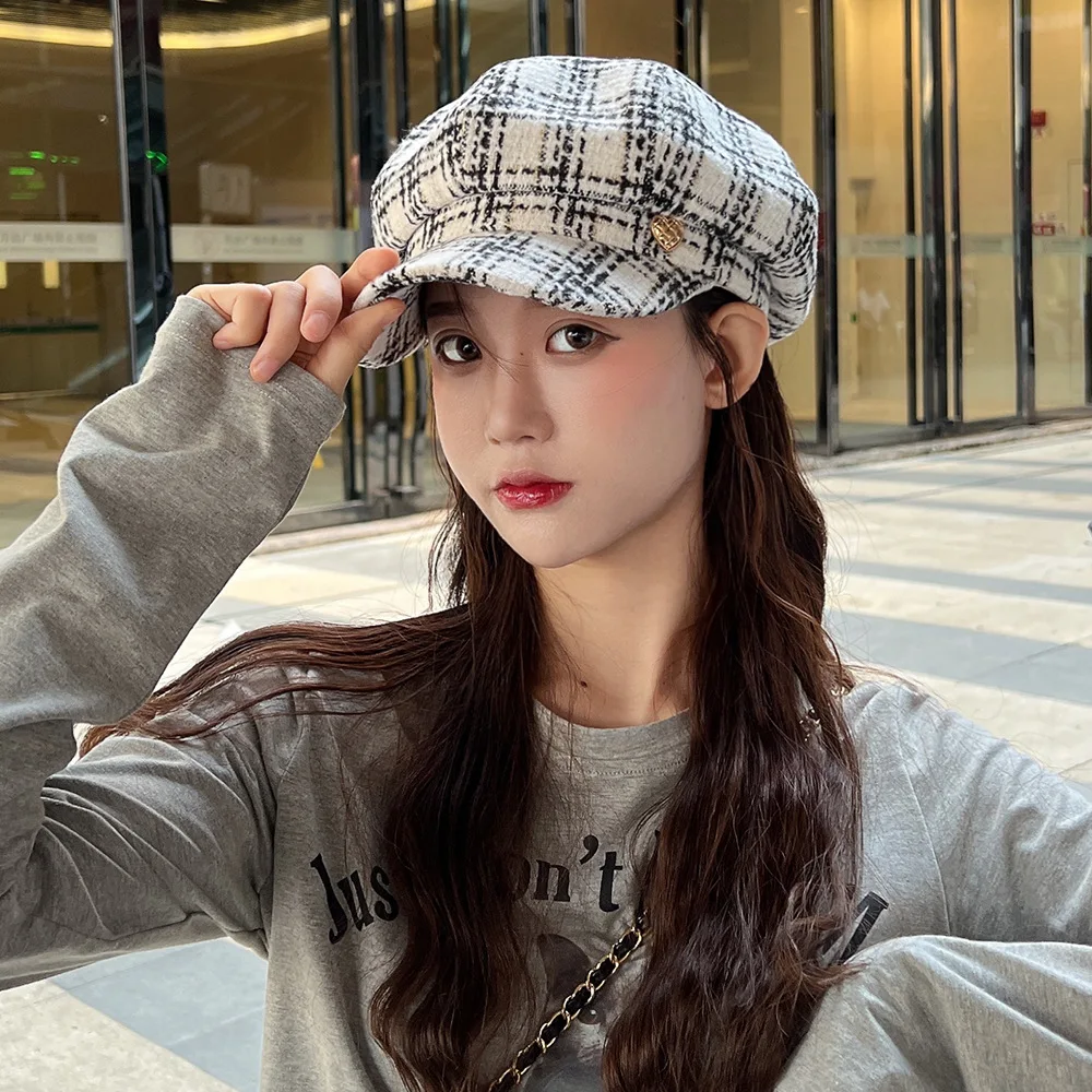 Baskenmütze Frauen Zeitungsjunge Mütze Frühling Herbst Plaid Achteckige Hüte Für Frauen Mode Stil Süße Casual Neue Vintage – Detail 8