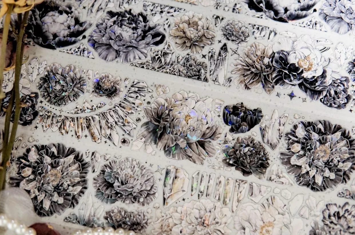 

1 Loop Moonlit Peony Seashell-Shimmer PET Black Floral Gem Crystal Shiny PET Tape