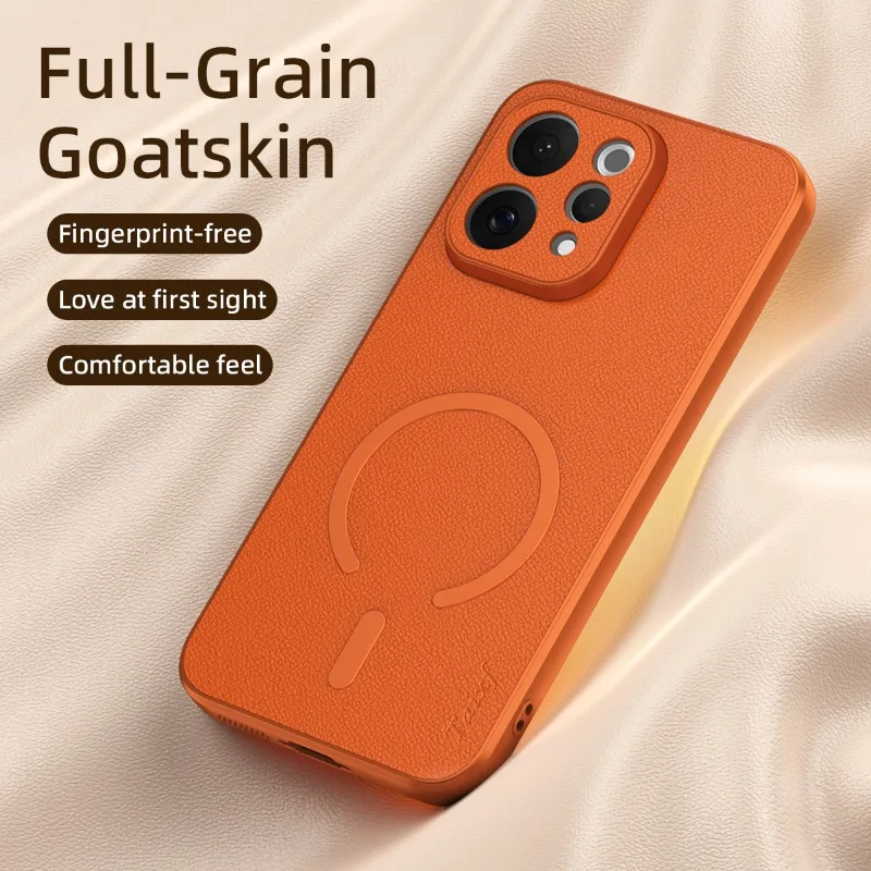 Premium Goatskin Leather Magnetic Wireless Charging Shockproof Case with TPU Soft Frame