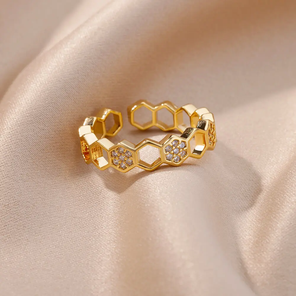 Zirco Hexagonal Ring Stainless Steel Gold Plated For Women