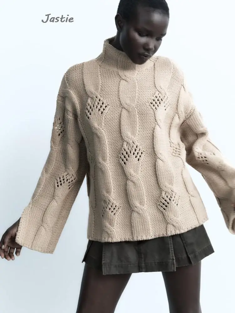 

Jastie2023 Autumn/Winter Turtleneck Long-sleeved Women's Sweater Hollow Texture Sweater Jumpers Streetwear Casual Pullovers