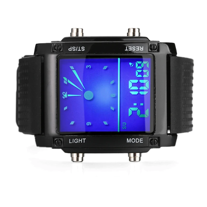 1pc Mens Watches Alarm Date Analog Digital 5ATM Waterproof Sport Watch 7-color LED Backlight Multi-function Watches Great Gift