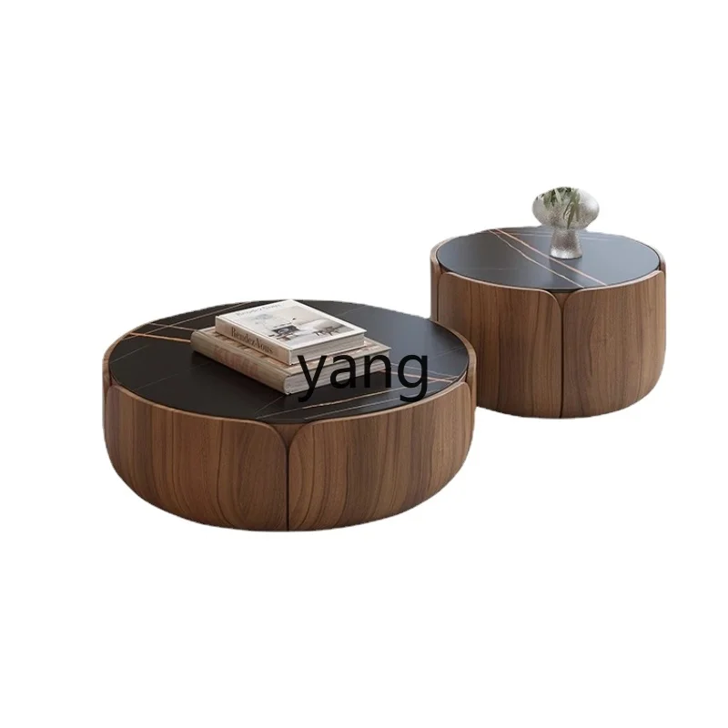 

Yhl Stone Plate Solid Wood round Coffee Table Home Living Room Small Apartment Petals Walnut Color round Tea Table Storage