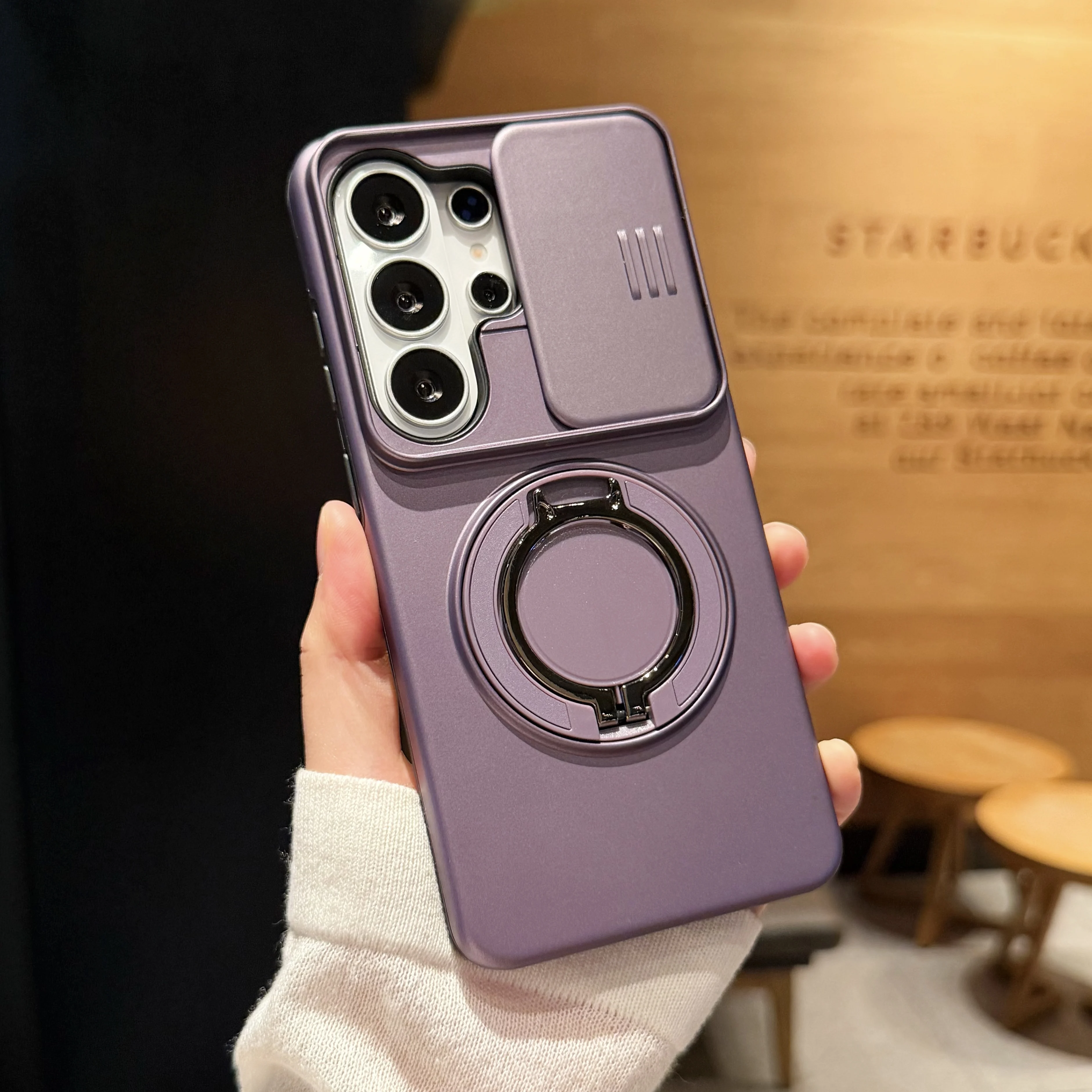 Magnetic Ring Stand Phone Case with Slide Camera Lens Protection and Dual Material Design