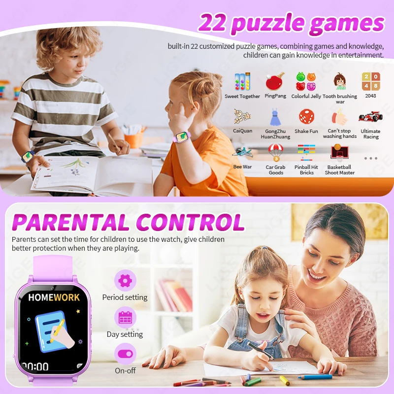 LIGE Kid Digital Smart Watch Student Children LED Flashlight Audio Stories Video Camera Puzzle Game Smartwatch Boys Girls Clock