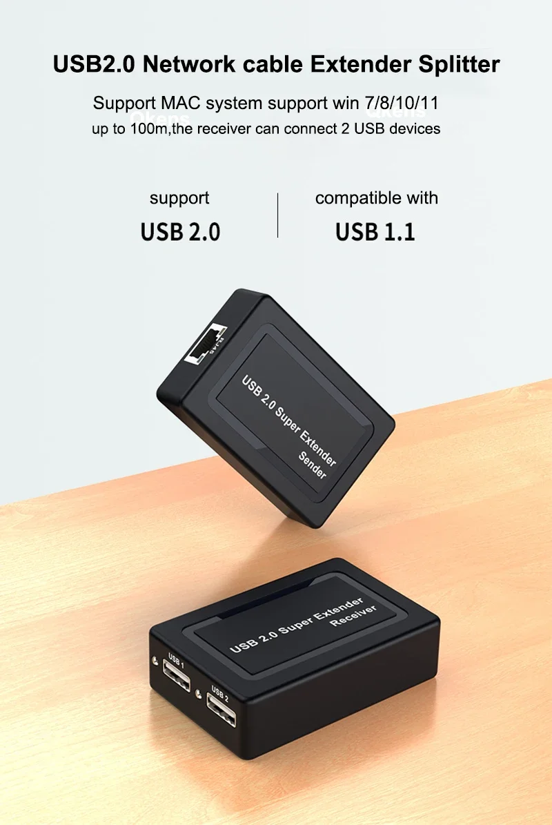 Real 2 Port USB 2.0 Rj45 Ethernet Extender Hub Adapter Over Cat5e Cat6 Network C