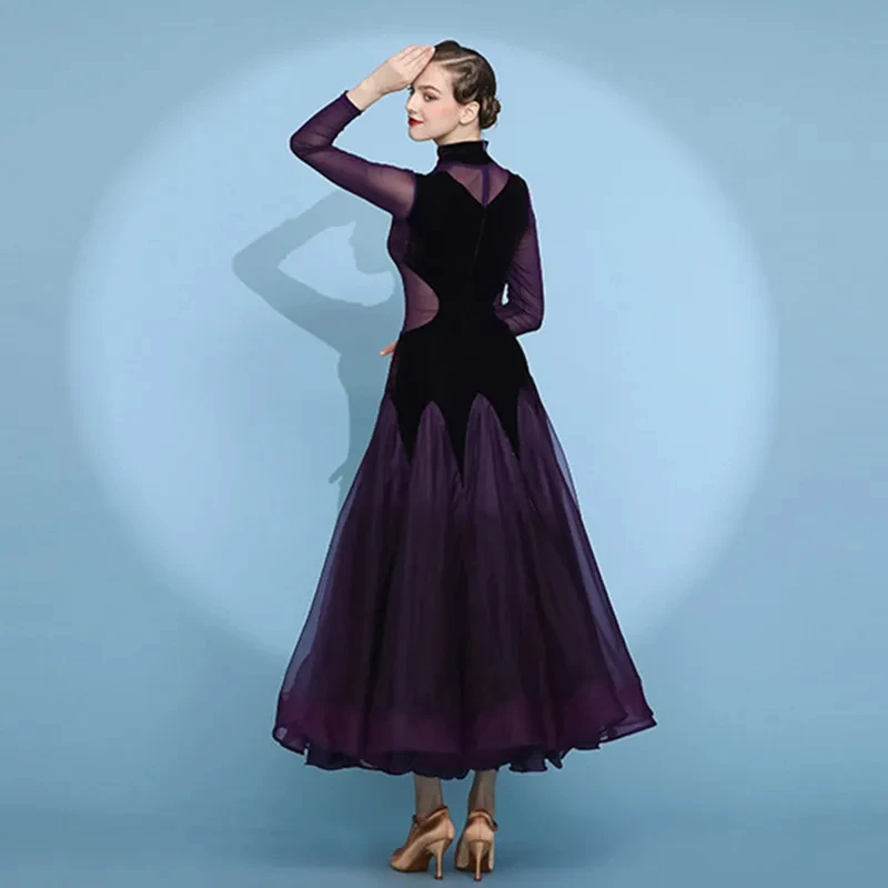 Dark Purple Velvet Stitching High-collar Standard Ballroom Dance Dress Tango Costumes Ball Gown Dance Waltz Dress Fringe