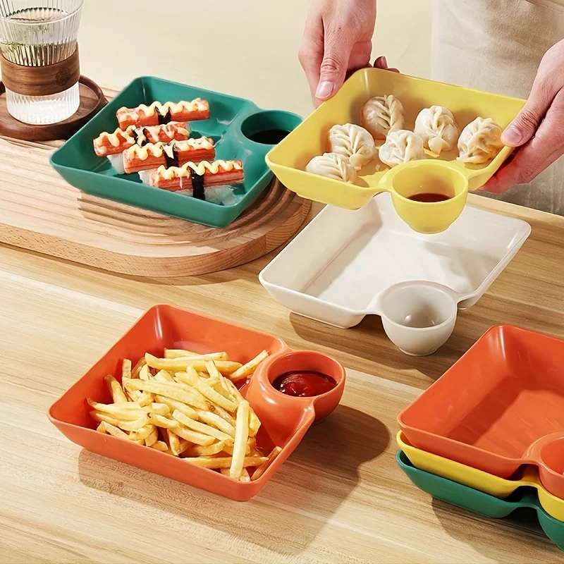Divided Plates French Fries Square Dumpling Plate With Vinegar Plates Snack Dish 2-Grid Spices Dessert Christmas Tableware Home ceramic dessert plates,snack dish