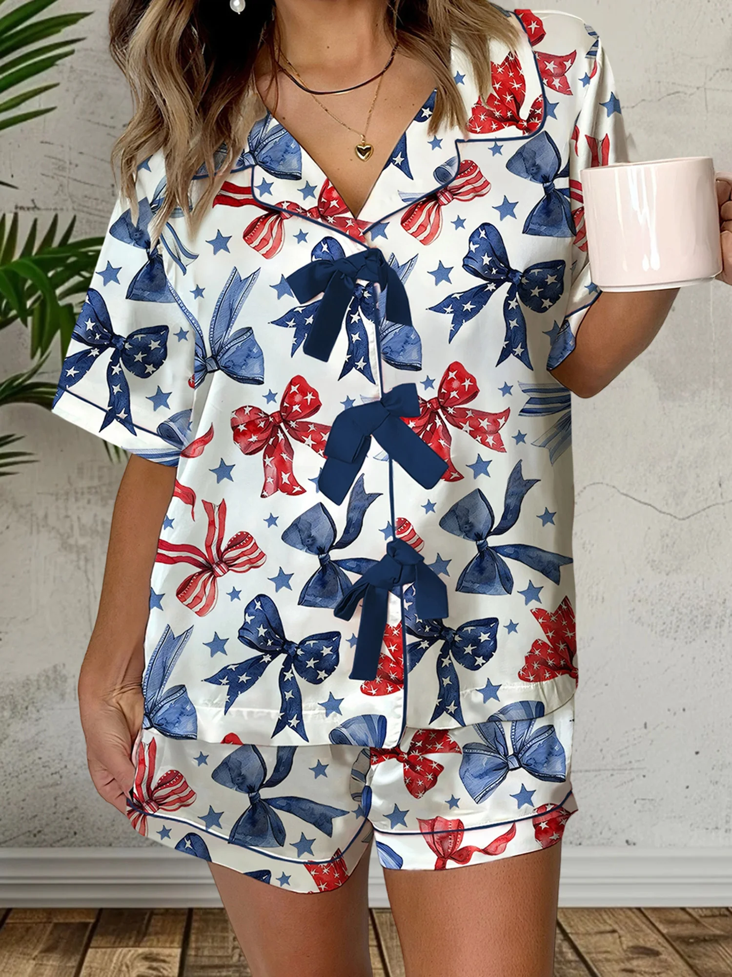 Women s Patriotic Satin Pajama Set with Star Print Short Sleeve Button Down Top and Elastic Waist Shorts for 4th of July