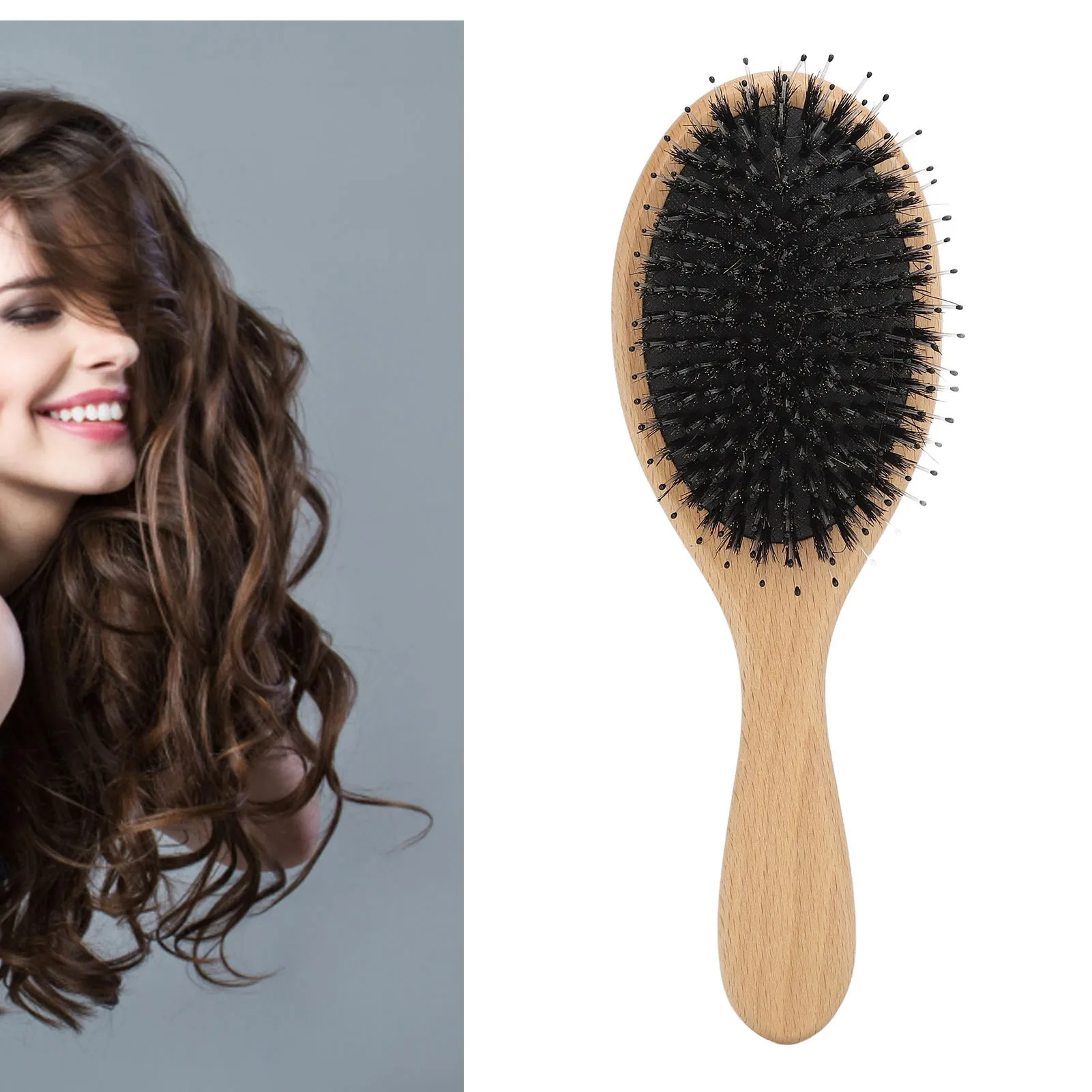 

Oval Paddle Hair Brush Comb Wooden Handle Bristle Scalp Massage Cushion Hair Brush Styling Tool For Detangling