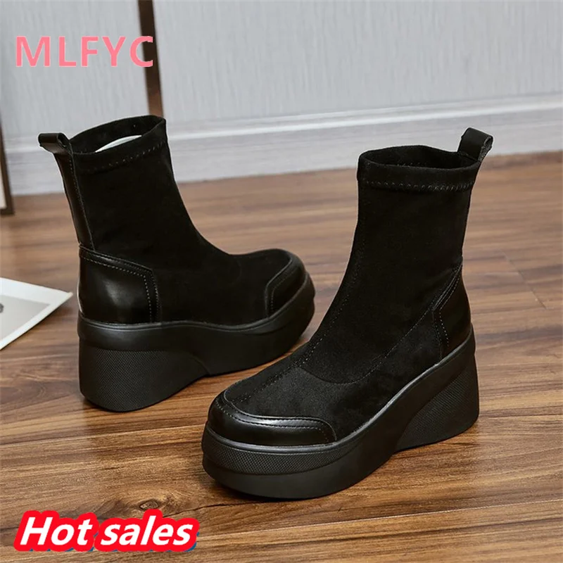 Autumn and Winter New Women's Boots Net Red Elastic Boots Matsutake Thick Sole Short Boots with Elevated Inner Height