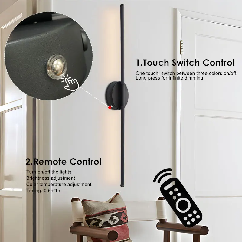 Indoor Dimmable Touch Switch LED Wall Lamps Type C USB 50cm 78cm Wireless Rechargeable Battery LED Wall Sconce Lights
