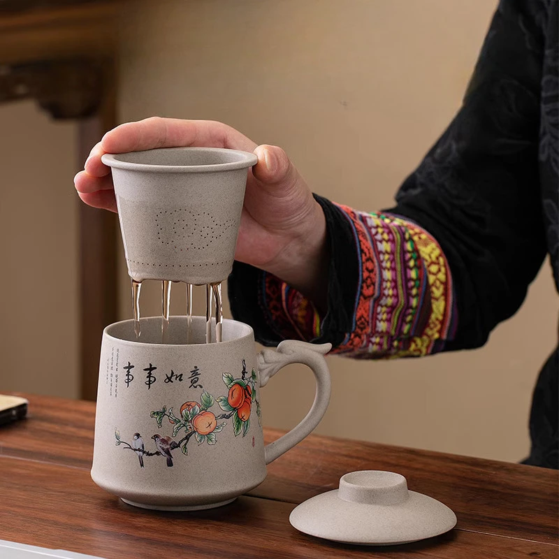 Chinese Style Cartoon Persimmon Pattern Mug, Home Personal Office Cute Teacup With Cover Creative Separated Tea Cup for Tea, 1Pc