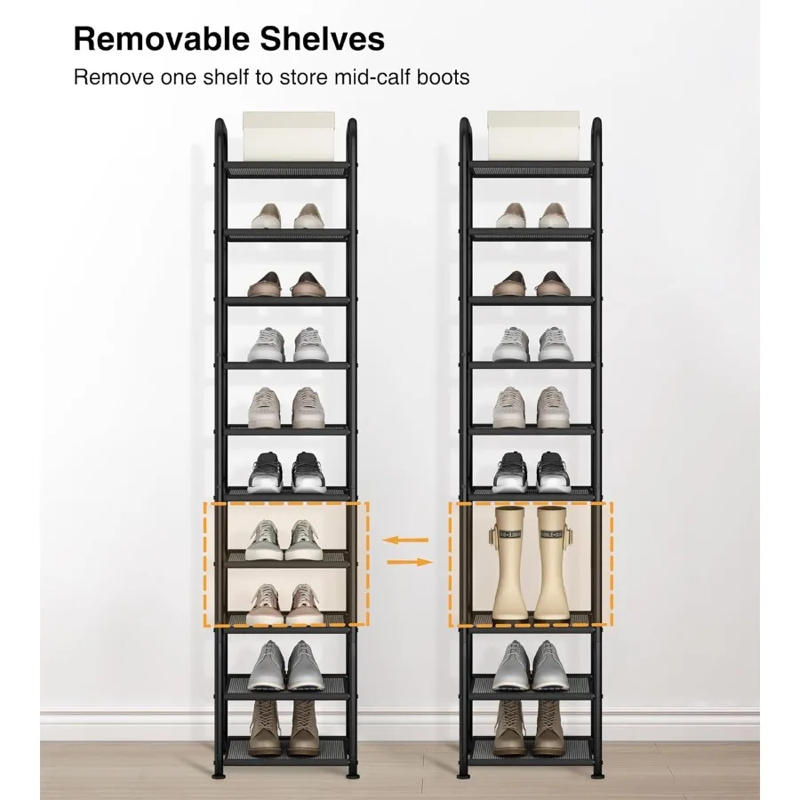 10Tier Narrow Shoe Rack with Sturdy Mesh Shelves Slim Tall Metal Shoe Organizer for Entryway Closet Hallway Holds 10 Pairs Vert