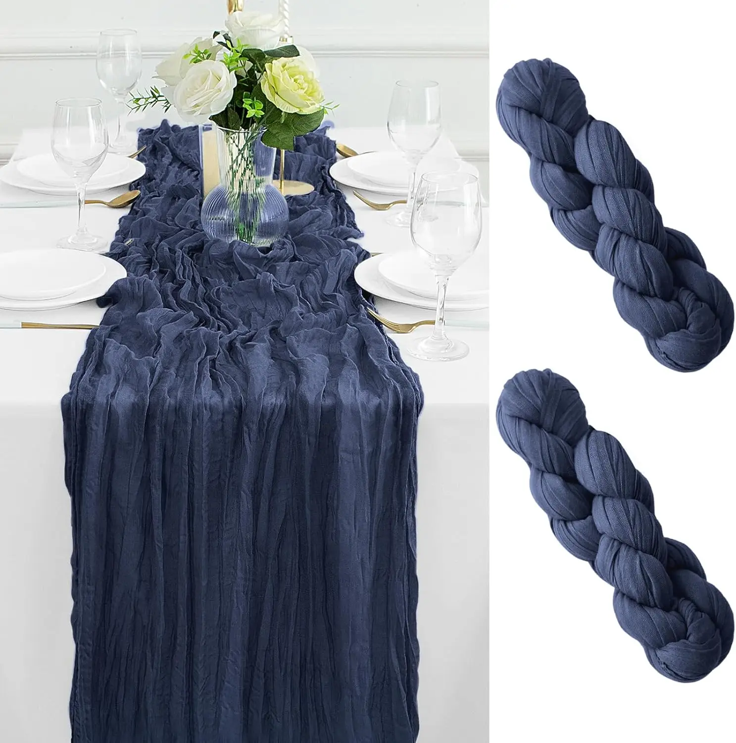 2Pcs Navy Blue Cheesecloth Table Runner 10FT Gauze Cheese Cloth Table Runner 35x120Inch Long Boho Spring Easter Table Runners