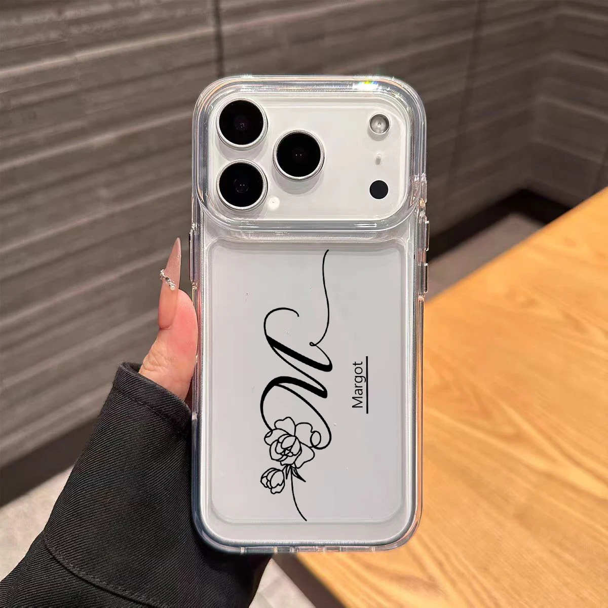 Elegant Black Phone Cover with Personalized Rose Initial Design, Shockproof TPU Case