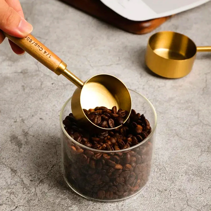 4PCS/8PCS Wooden Handle Measuring Cups And Measuring Spoons Stainless Steel Golden Measure Spoon And Measure Cup Set kitchen measuring spoons measuring spoon set measuring cup and spoon set