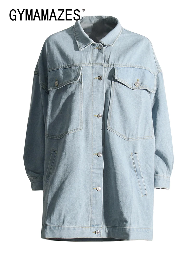 

GYMAMAZES Solid Patchwork Pocket Denim Coat For Women Lapel Long Sleeve Spliced Single Breasted Casual Coats Female Fashion New