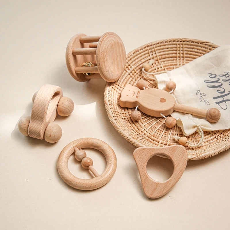 Beech Baby Teether Toys Bear Hand Teething Baby Rattles Wood Ring Cartoon Car Play Gym Montessori Stroller Toy Educational Toys - 3