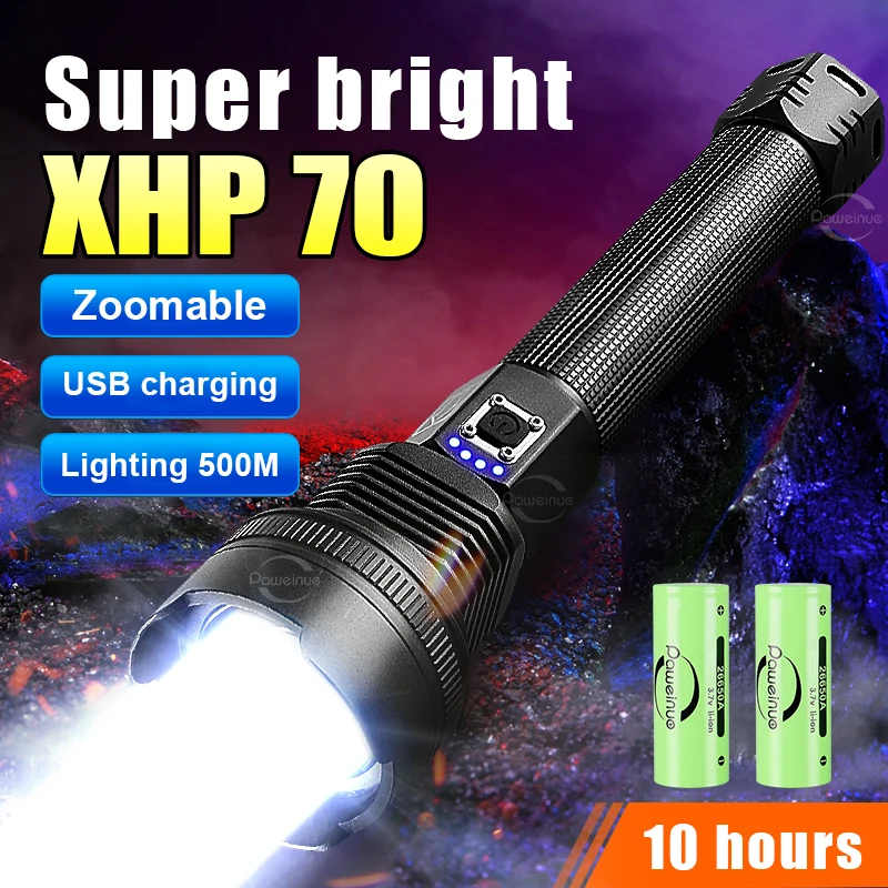 

High Power Led Flashlights XHP70 Rechargeable Flashlight Zoomable 26650 High Capacity Torch Tactical Lamp 1000000000000000 Lumen