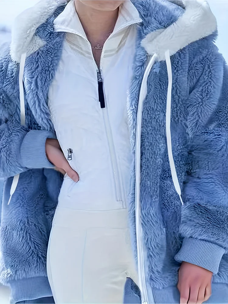 Women's Jacket Plush Zipper Pocket Hooded Long Sleeve Solid Fur Casual Loose Warm Winter Ladies Coats 2024 Fashion Thick Clothes 2