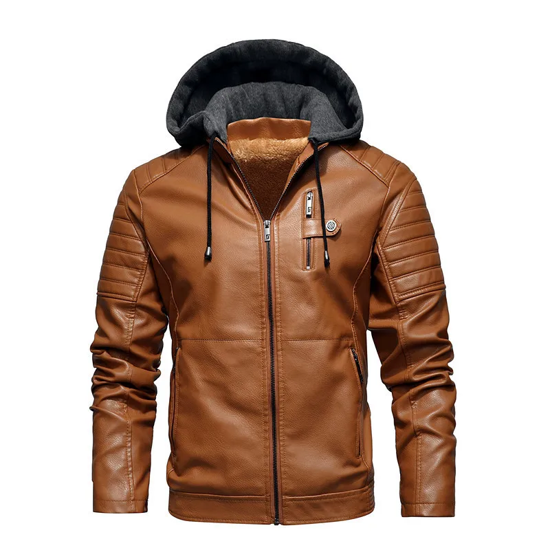 

Autumn and Winter New Leather Jacket for Men PU Synthetic Leather Jacket for Young Men Motorcycle Jacket with Velvet Hooded