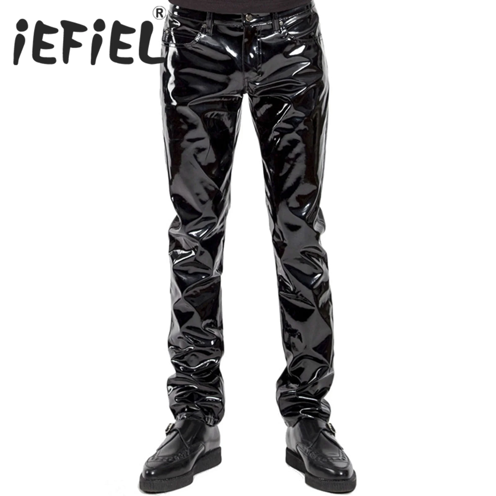 

Men Wet Look Patent Leather Pants Glossy Mid Waist Straight Trousers for Clubwear Party Bar Nightclub Stage Show Costumes Pants