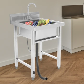 Freestanding Stainless Steel Kitchen Sink Rectangular with Stable Bracket Design and Drain Pipe 60 x 60 x 93 cm 2