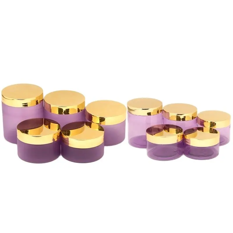 

Empty Cosmetic Containers Pots Cream Jars Shiny Gold Lid 100ml 120ml 150ml 200ml 250ml Purple PET Plastic Wide Mouth Bottle