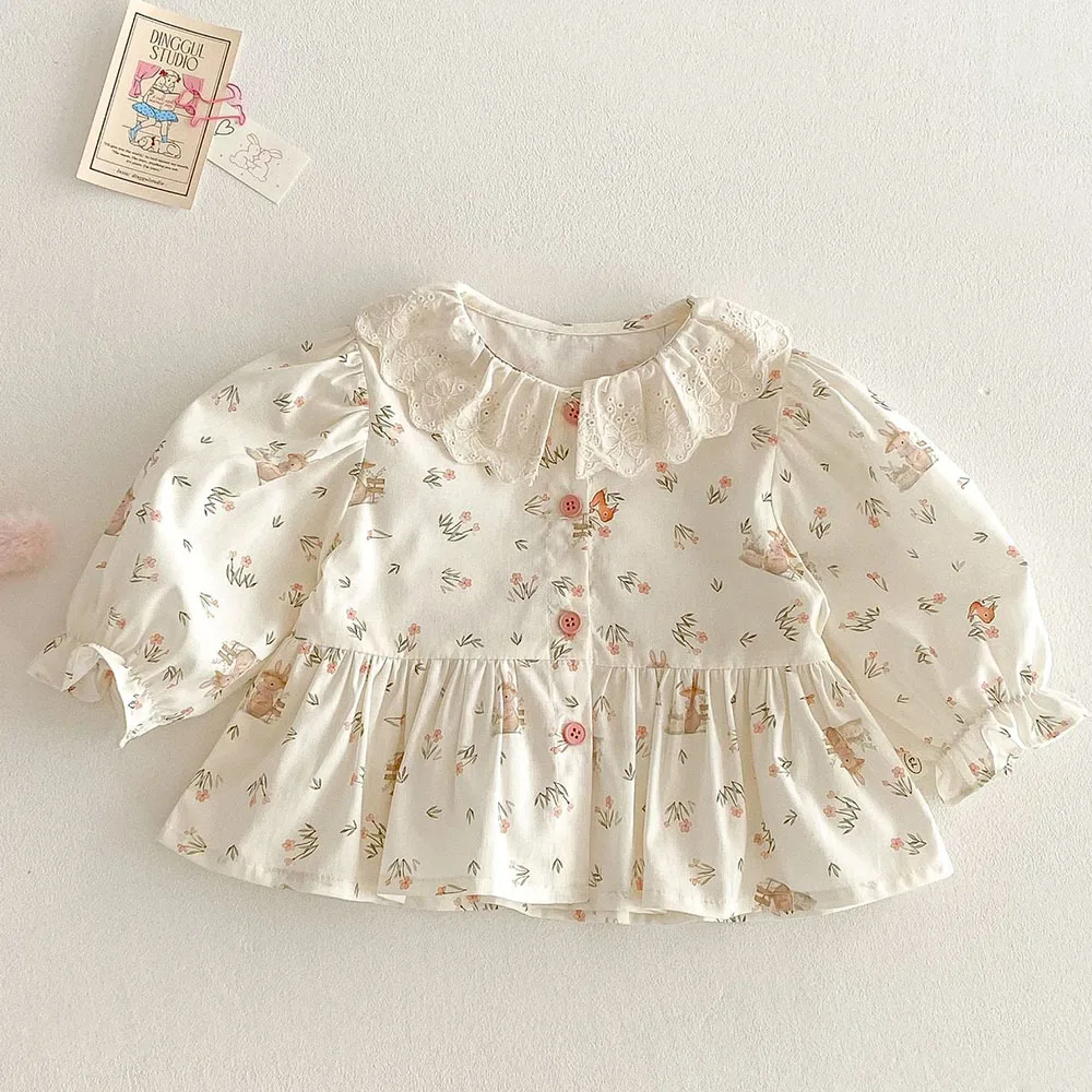 Girls Blouse Floral Cotton Collar Spring Toddler Long Sleeve Tops Princess 1st Birthday Kids Shirts Children's Clothing