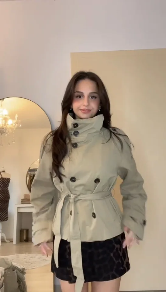 Autumn Chic Women's Double Breasted Cropped Trench Coat with Stand Collar