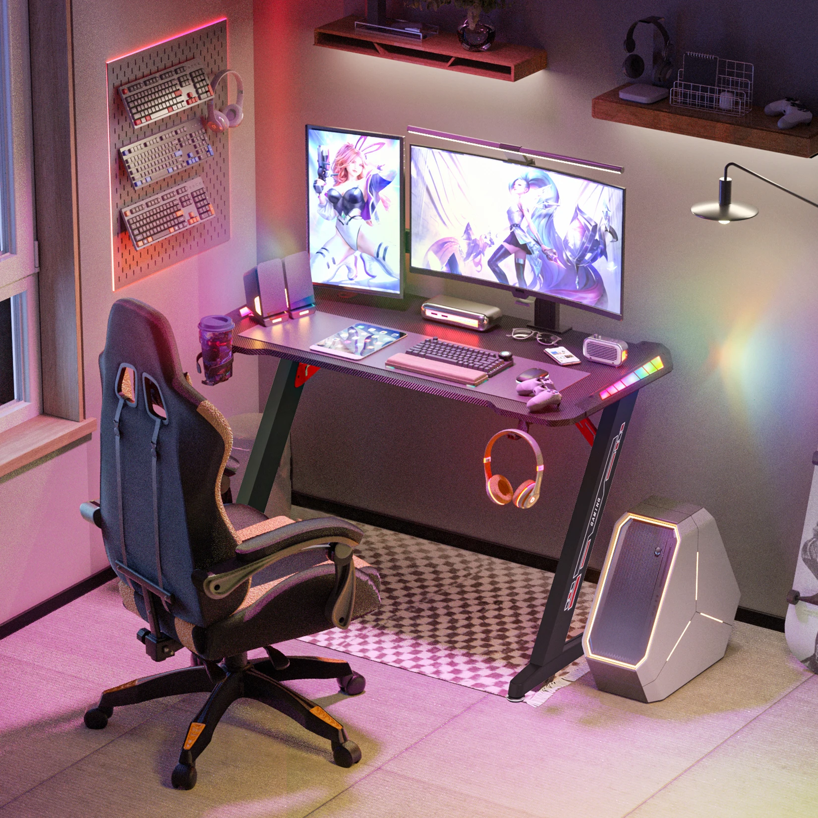 Bureau gaming ergonomique 120 x 60 cm, bureau pc en forme de y avec  lumières led rgb