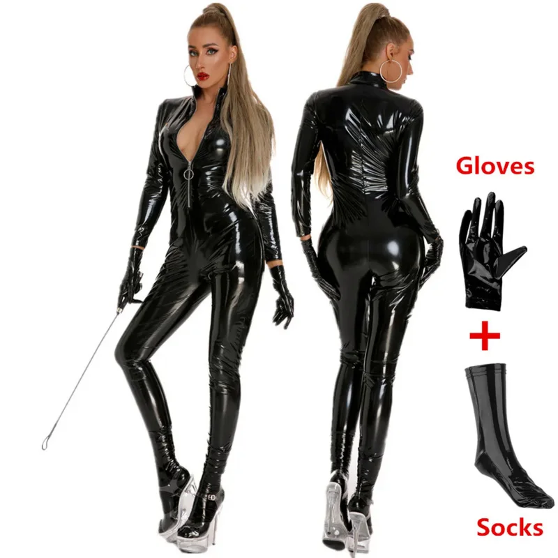 Black Wet-look Faux Leather Long Sleeve PVC Jumpsuit 1